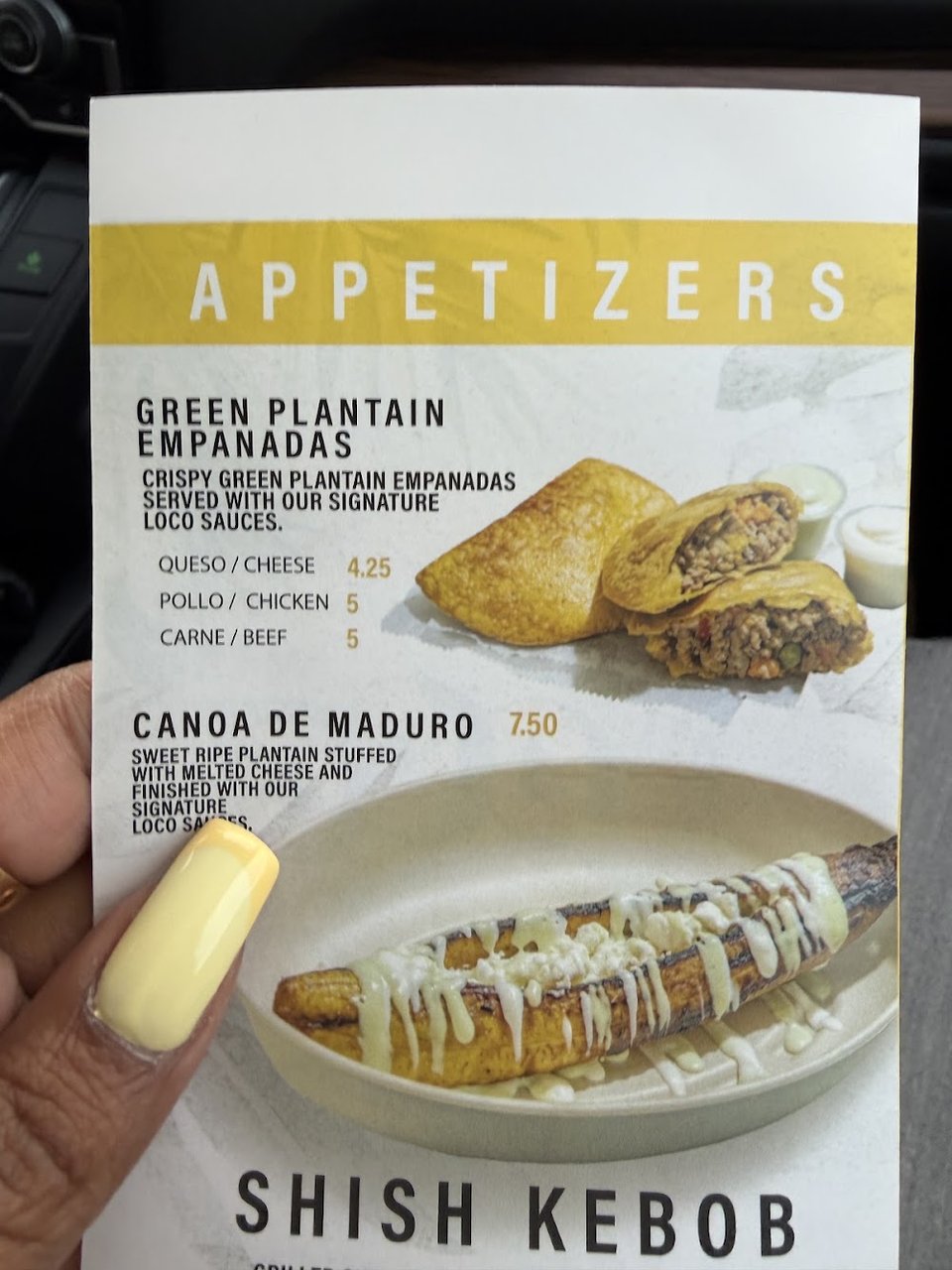 Restaurant menu with Ecuadorian-inspired comfort food.